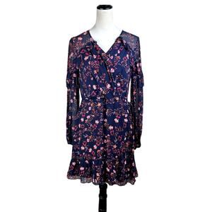 Greylin Navy Colorful Floral Flutter V-Neck Long Sleeve Whimsygoth Mini Dress